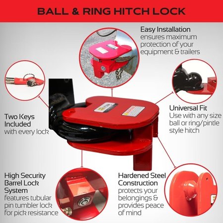 The Equipment Lock Company Ball & Ring Universal Trailer Hitch Lock that secures most size ball or ring/pintle type hitch BRHL-KA